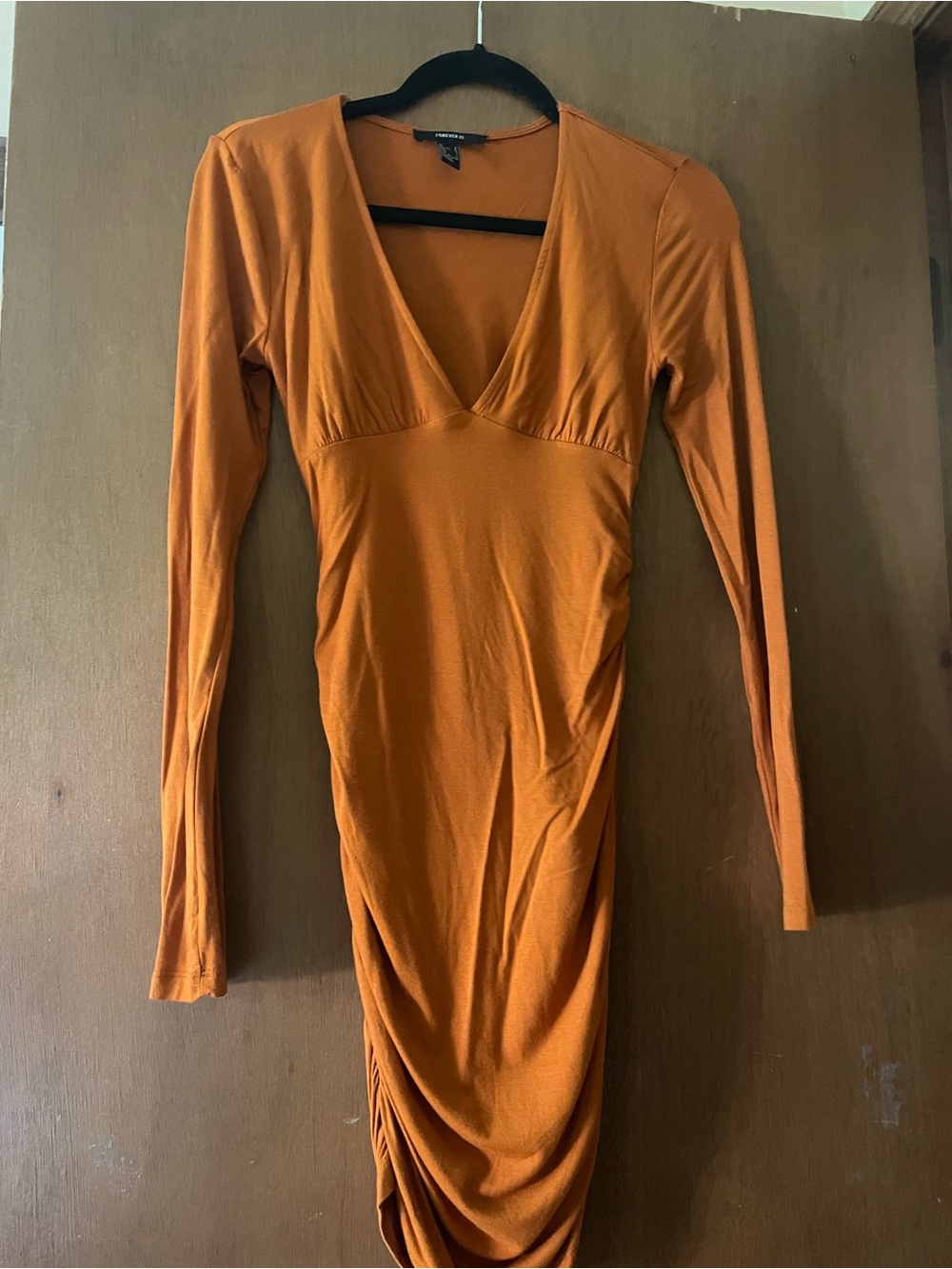 Forever 21 Orange Long Sleeve V-Neck Ruched Midi Dress